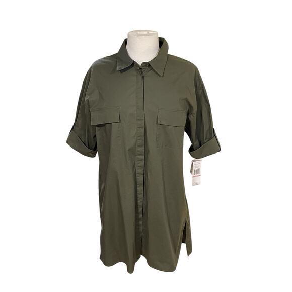 New-Sharagano Dark Green Collared Button Front Pocket Shirt Dress Size 10 NWT - Picture 1 of 16